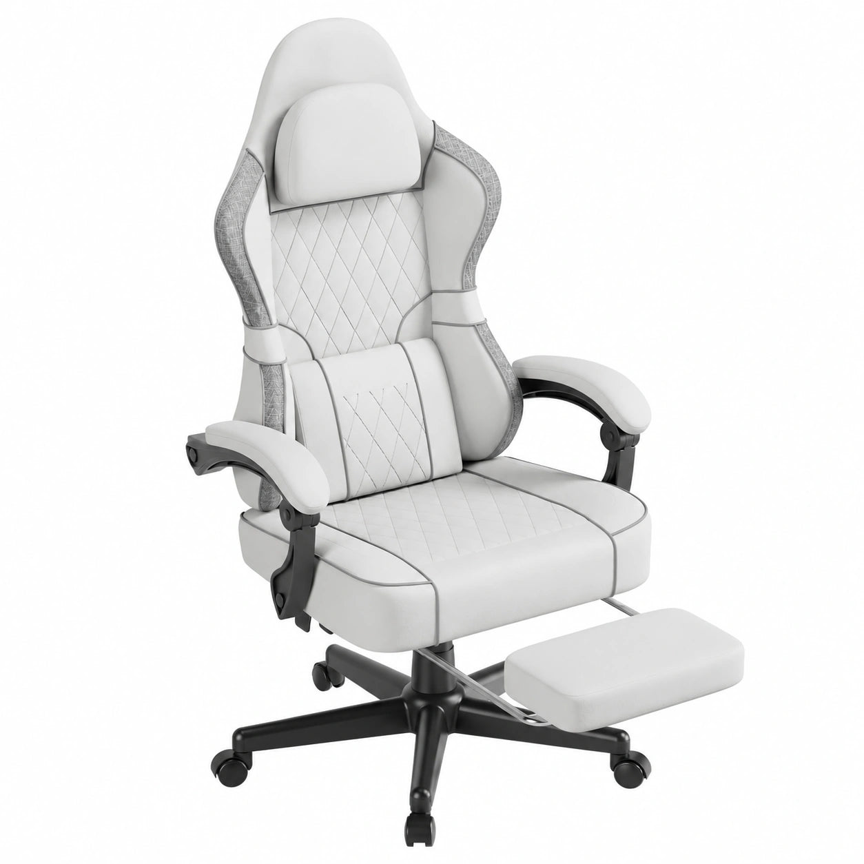 Ferghana Sedia da Gaming Ergonomica con Cuscino da Massaggio, Reclinabile e Poggiapiedi, Tessuto di Lino Bianco